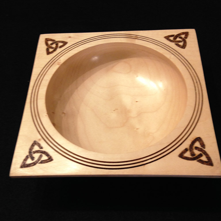 Square 'Celtic' bowl - Sycamore with pyrography